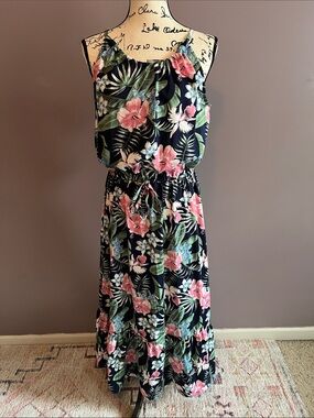 Tropical Floral Maxi Dress in Navy and Pink